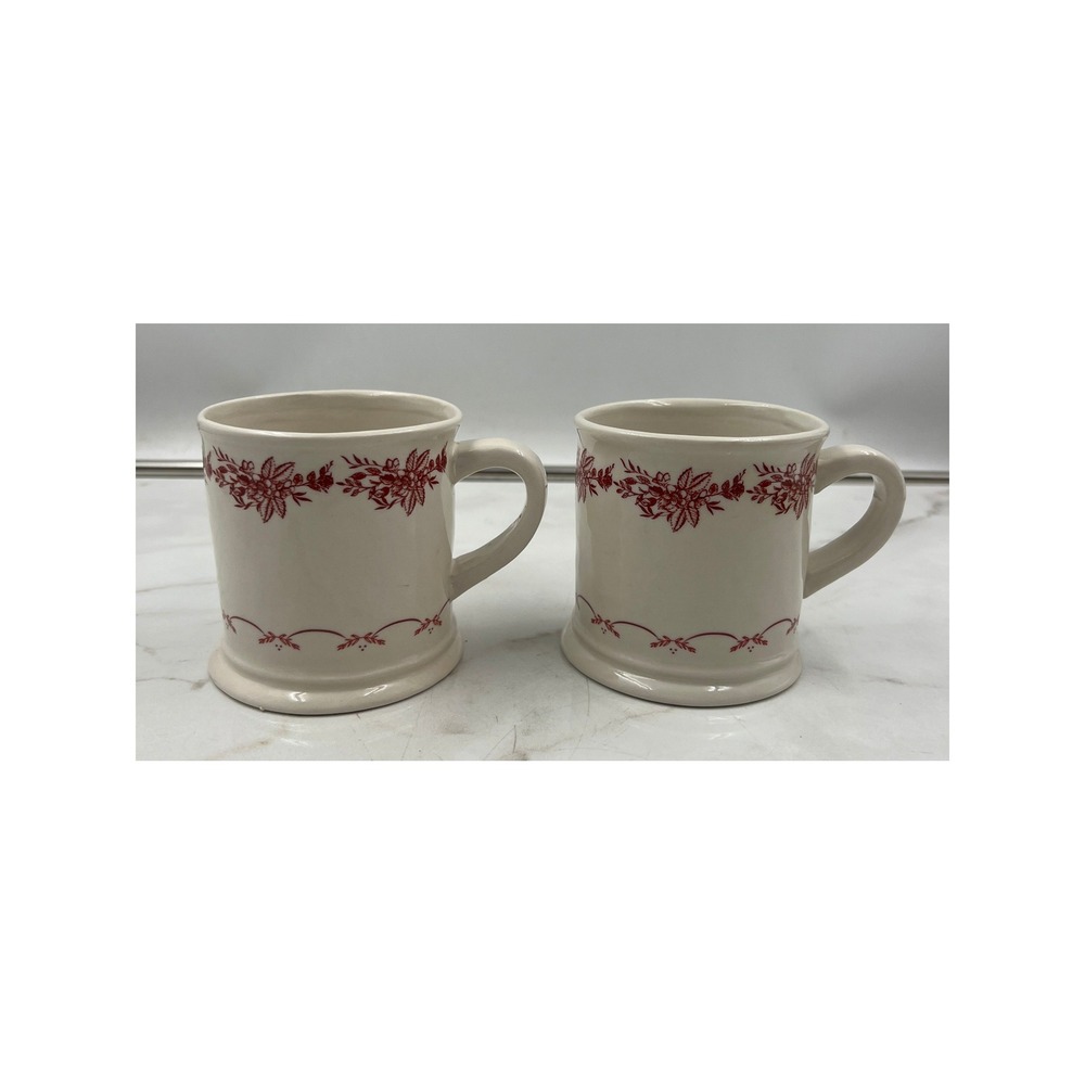 McGee & Co Red Floral Toile Ceramic Coffee Mug Set of 2 Cream Farmhouse Decor